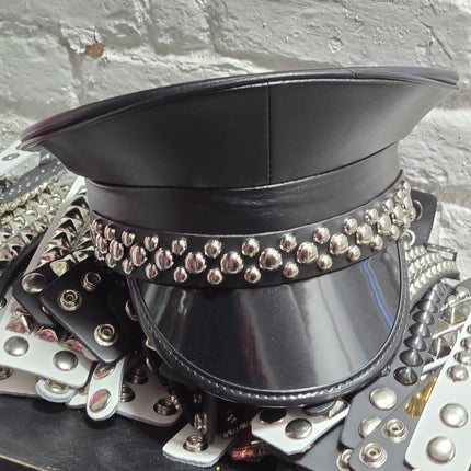 HT380MATT VEGAN LEATHER MATT ROUND STUDDED CAPTAIN HAT