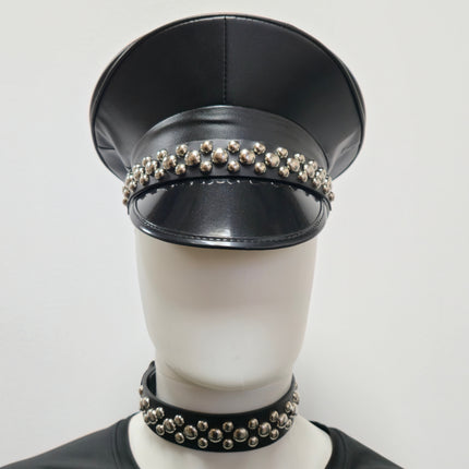 HT380MATT VEGAN LEATHER MATT ROUND STUDDED CAPTAIN HAT