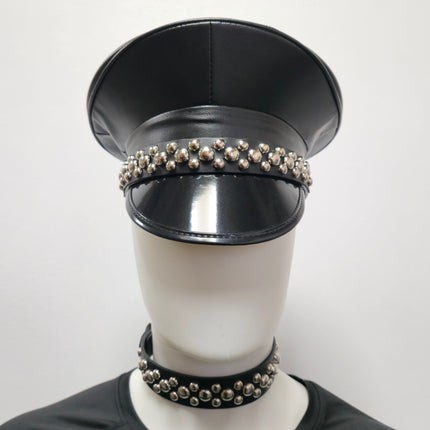 HT380MATT VEGAN LEATHER MATT ROUND STUDDED CAPTAIN HAT