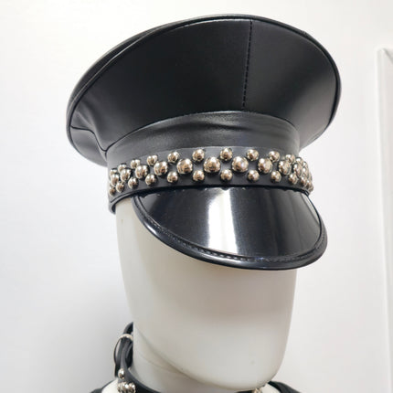 HT380MATT VEGAN LEATHER MATT ROUND STUDDED CAPTAIN HAT