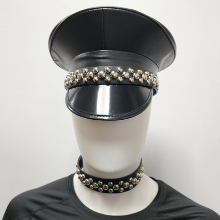 HT380MATT VEGAN LEATHER MATT ROUND STUDDED CAPTAIN HAT