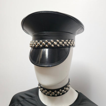 HT380MATT VEGAN LEATHER MATT ROUND STUDDED CAPTAIN HAT