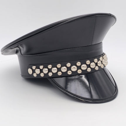HT380MATT VEGAN LEATHER MATT ROUND STUDDED CAPTAIN HAT