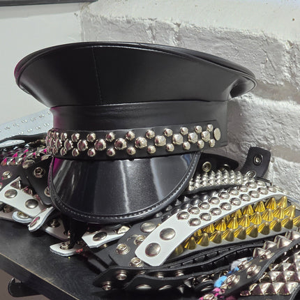 HT380MATT VEGAN LEATHER MATT ROUND STUDDED CAPTAIN HAT
