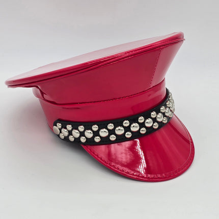 HT380P.RED  PATENT RED ROUND STUDDED CAPTAIN HAT