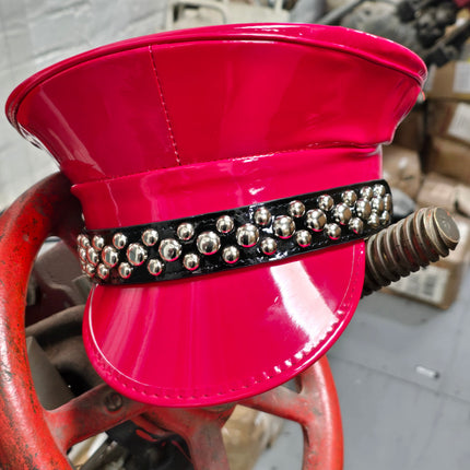HT380P.RED  PATENT RED ROUND STUDDED CAPTAIN HAT