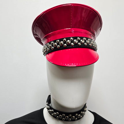 HT380P.RED  PATENT RED ROUND STUDDED CAPTAIN HAT