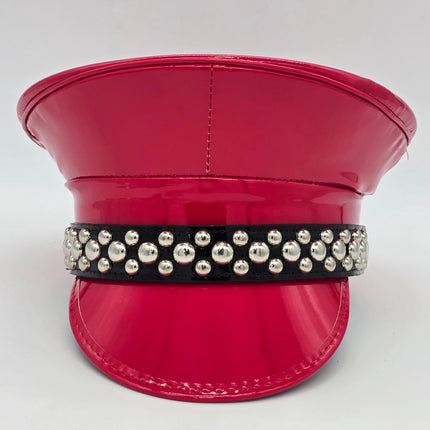 HT380P.RED  PATENT RED ROUND STUDDED CAPTAIN HAT