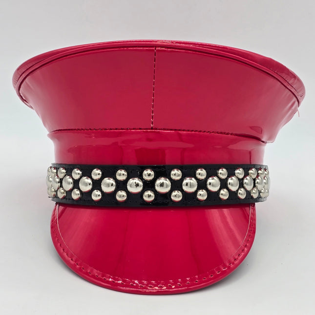 HT380P.RED  PATENT RED ROUND STUDDED CAPTAIN HAT