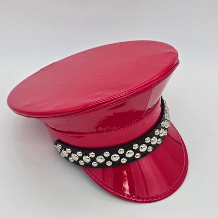 HT380P.RED  PATENT RED ROUND STUDDED CAPTAIN HAT