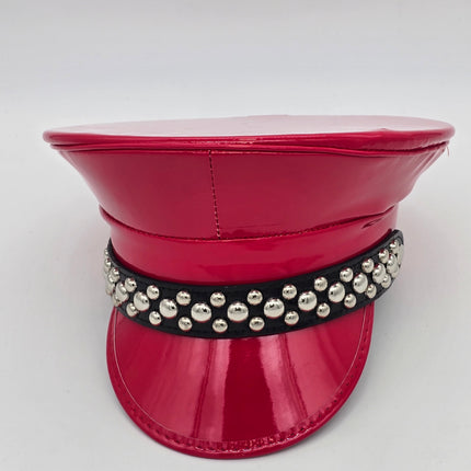 HT380P.RED  PATENT RED ROUND STUDDED CAPTAIN HAT