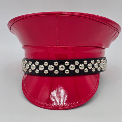 HT380P.RED  PATENT RED ROUND STUDDED CAPTAIN HAT