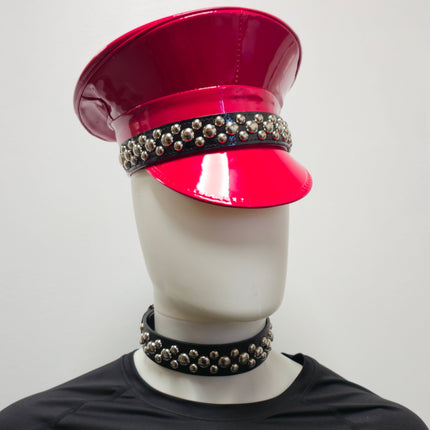HT380P.RED  PATENT RED ROUND STUDDED CAPTAIN HAT