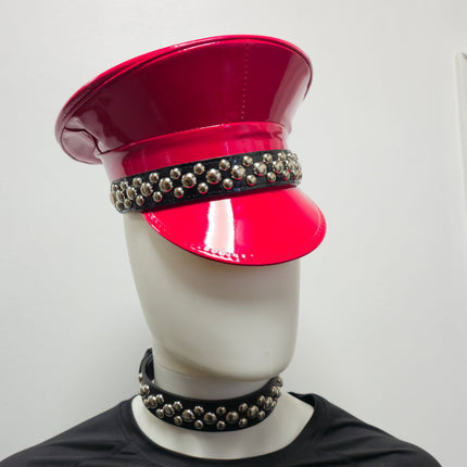 HT380P.RED  PATENT RED ROUND STUDDED CAPTAIN HAT