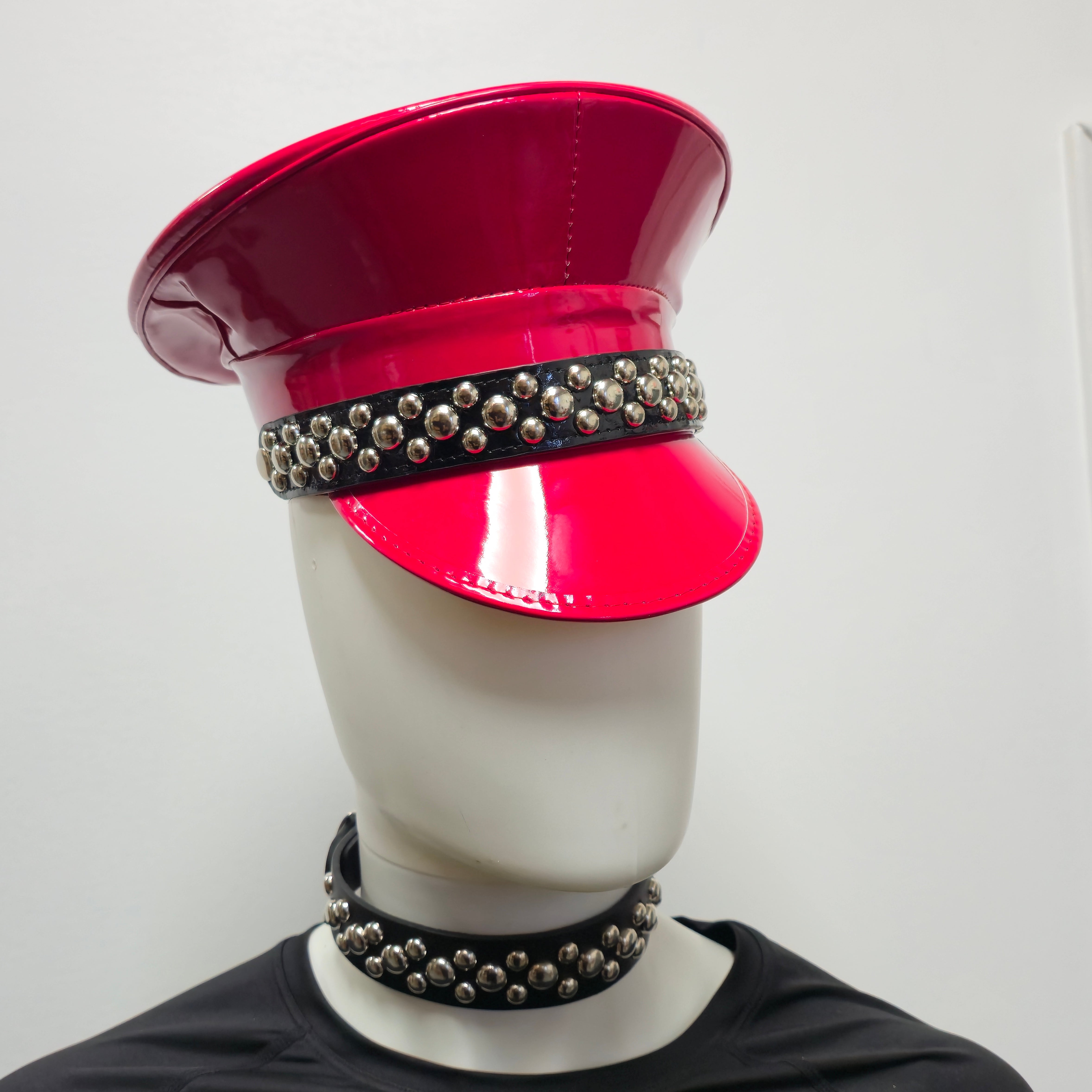 Red Rounded Hat HT380P.RED PATENT RED ROUND STUDDED CAPTAIN HAT – Funk Plus Inc