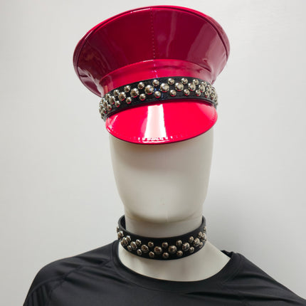 HT380P.RED  PATENT RED ROUND STUDDED CAPTAIN HAT