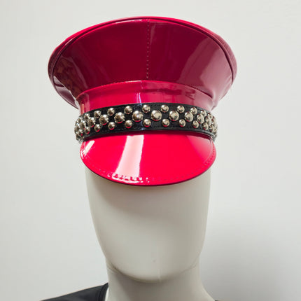 HT380P.RED  PATENT RED ROUND STUDDED CAPTAIN HAT