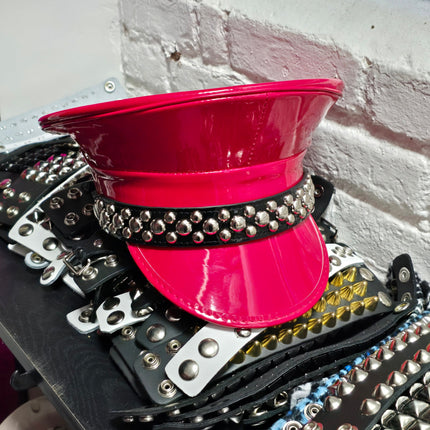 HT380P.RED  PATENT RED ROUND STUDDED CAPTAIN HAT