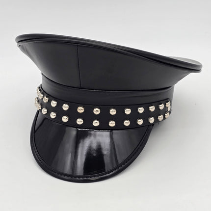 HT382MATT VEGAN LEATHER MATT ROUND STUDDED CAPTAIN HAT