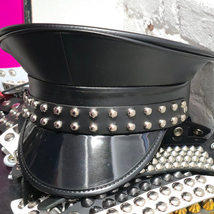HT382MATT VEGAN LEATHER MATT ROUND STUDDED CAPTAIN HAT