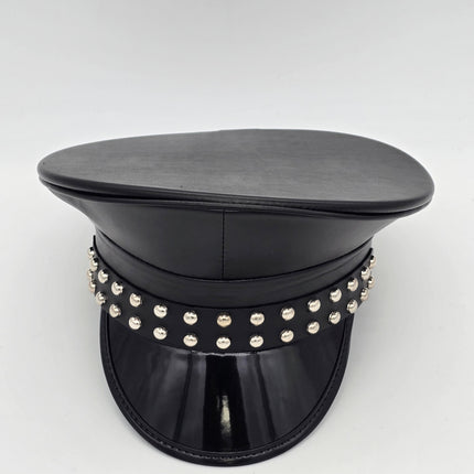 HT382MATT VEGAN LEATHER MATT ROUND STUDDED CAPTAIN HAT