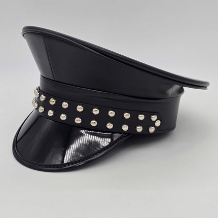 HT382P SHINY PATENT BLACK LEATHER MATT ROUND STUDDED CAPTAIN HAT
