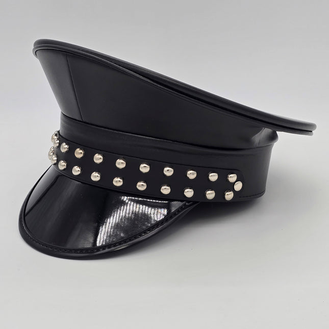HT382P SHINY PATENT BLACK LEATHER MATT ROUND STUDDED CAPTAIN HAT