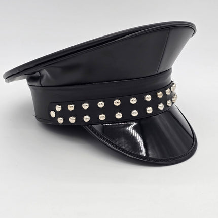 HT382P SHINY PATENT BLACK LEATHER MATT ROUND STUDDED CAPTAIN HAT