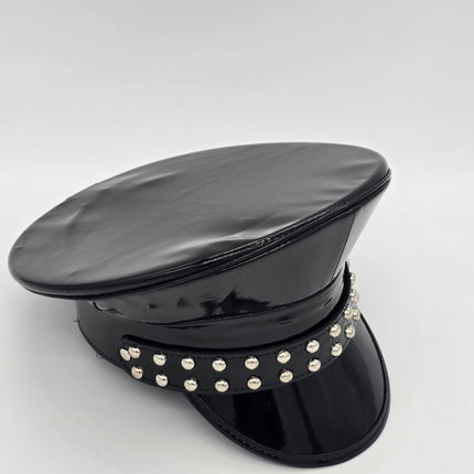 HT382P SHINY PATENT BLACK LEATHER MATT ROUND STUDDED CAPTAIN HAT