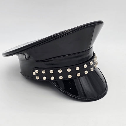 HT382P SHINY PATENT BLACK LEATHER MATT ROUND STUDDED CAPTAIN HAT