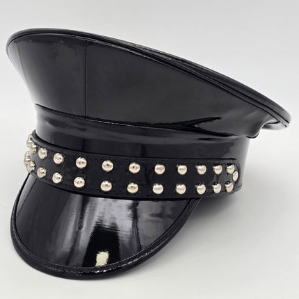HT382P SHINY PATENT BLACK LEATHER MATT ROUND STUDDED CAPTAIN HAT