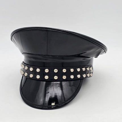 HT382P SHINY PATENT BLACK LEATHER MATT ROUND STUDDED CAPTAIN HAT