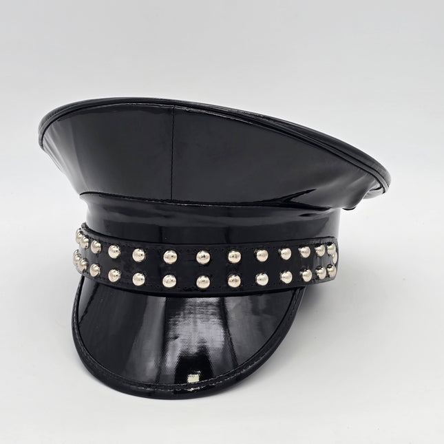 HT382P SHINY PATENT BLACK LEATHER MATT ROUND STUDDED CAPTAIN HAT