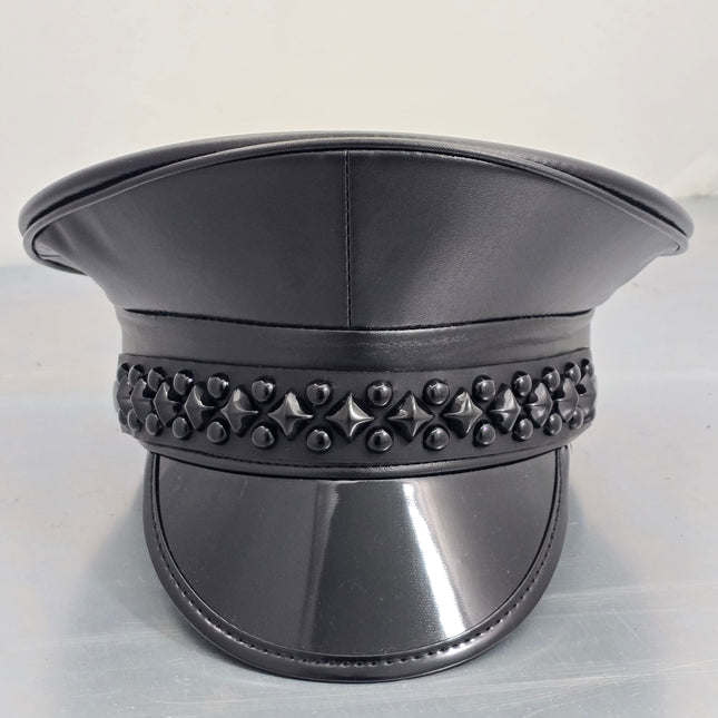 HT385P MATT VEGAN BLACK DIAMOND AND ROUND STUDDED CAPTAIN HAT