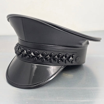 HT385P MATT VEGAN BLACK DIAMOND AND ROUND STUDDED CAPTAIN HAT