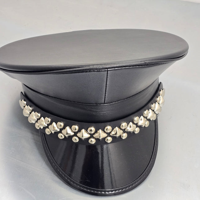 HT385P MATT VEGAN BLACK DIAMOND AND ROUND STUDDED CAPTAIN HAT