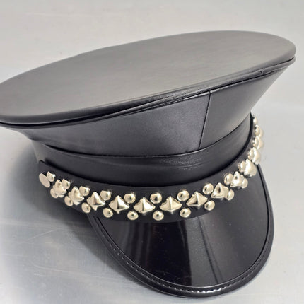 HT385P MATT VEGAN BLACK DIAMOND AND ROUND STUDDED CAPTAIN HAT