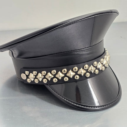 HT385P MATT VEGAN BLACK DIAMOND AND ROUND STUDDED CAPTAIN HAT