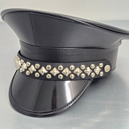 HT385P MATT VEGAN BLACK DIAMOND AND ROUND STUDDED CAPTAIN HAT