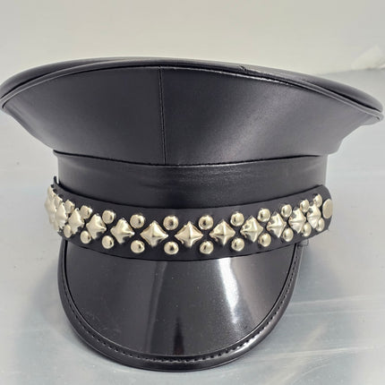 HT385P MATT VEGAN BLACK DIAMOND AND ROUND STUDDED CAPTAIN HAT