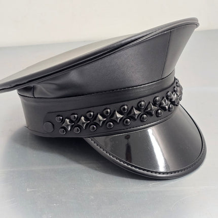 HT385P MATT VEGAN BLACK DIAMOND AND ROUND STUDDED CAPTAIN HAT
