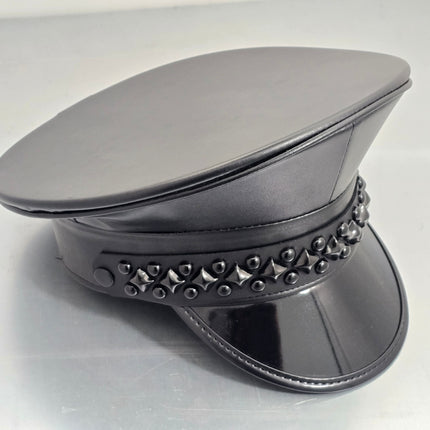HT385P MATT VEGAN BLACK DIAMOND AND ROUND STUDDED CAPTAIN HAT