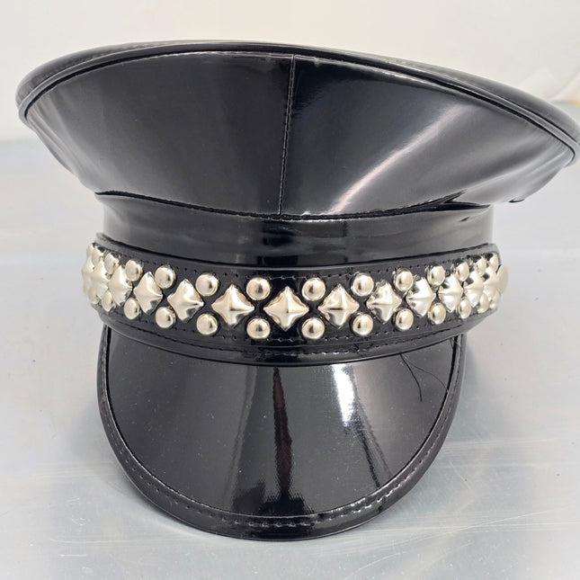 HT385P SHINY PATENT BLACK DIAMOND AND ROUND STUDDED CAPTAIN HAT