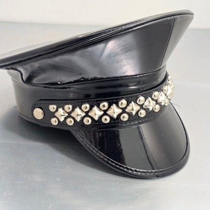 HT385P SHINY PATENT BLACK DIAMOND AND ROUND STUDDED CAPTAIN HAT