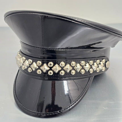 HT385P SHINY PATENT BLACK DIAMOND AND ROUND STUDDED CAPTAIN HAT