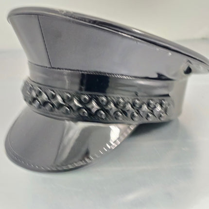 HT385P SHINY PATENT BLACK DIAMOND AND ROUND STUDDED CAPTAIN HAT