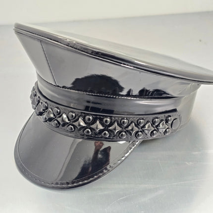 HT385P SHINY PATENT BLACK DIAMOND AND ROUND STUDDED CAPTAIN HAT
