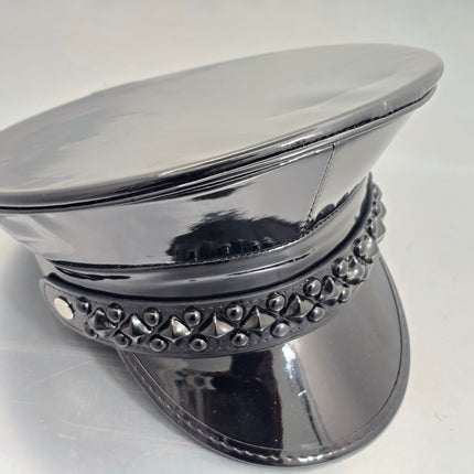 HT385P SHINY PATENT BLACK DIAMOND AND ROUND STUDDED CAPTAIN HAT