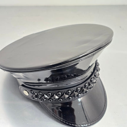 HT385P SHINY PATENT BLACK DIAMOND AND ROUND STUDDED CAPTAIN HAT