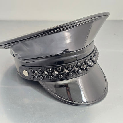 HT385P SHINY PATENT BLACK DIAMOND AND ROUND STUDDED CAPTAIN HAT